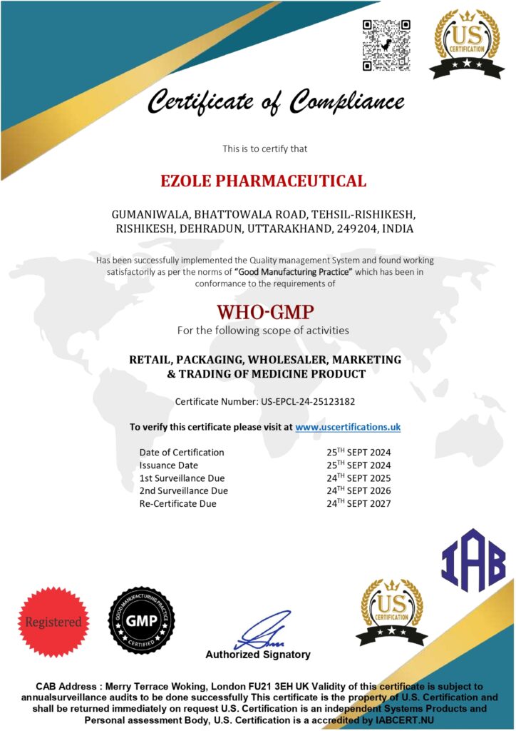 EZOLE PHARMACEUTICAL WHO GMP CERTIFICATE