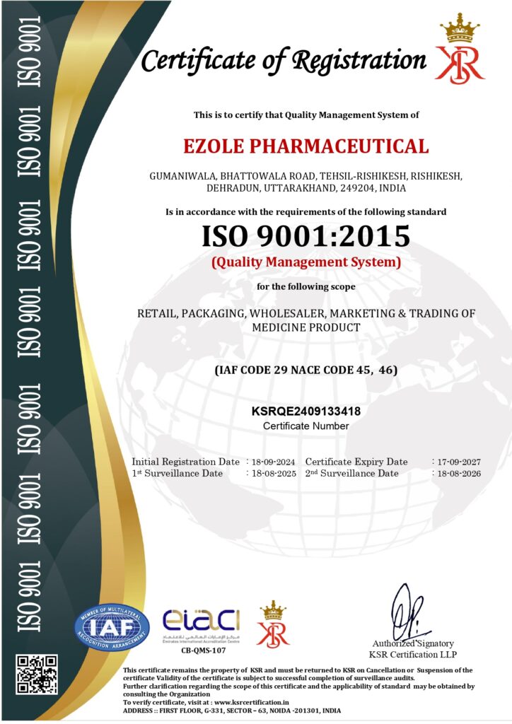 EZOLE PHARMACEUTICAL WHO ISO CERTIFICATE